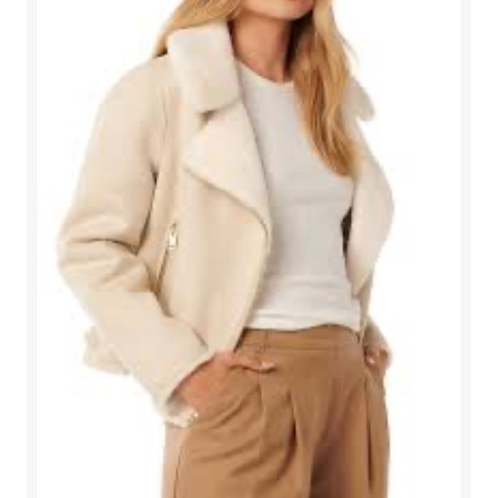 She + Sky Sherpa Lined Moto Cuff Asymetric Full Zip Jacket Large Ivory Cream NWT